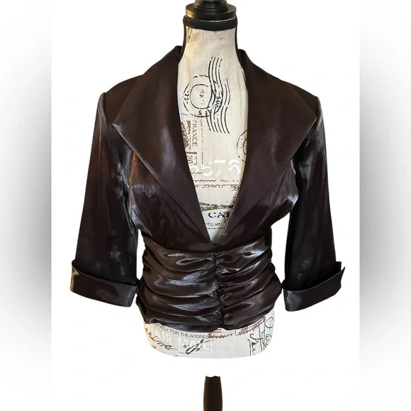 R&M Richards M Iridescent Slick Brown Oxblood Evening Gala Top Ruched Waist READ - Picture 2 of 16